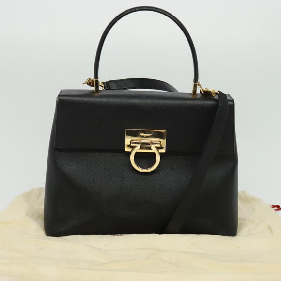 Salvatore Ferragamo Gancini Hand Bag Leather 2way Black Gold Auth BA5503