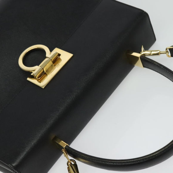 Salvatore Ferragamo Gancini Hand Bag Leather 2way Black Gold Auth BA5503