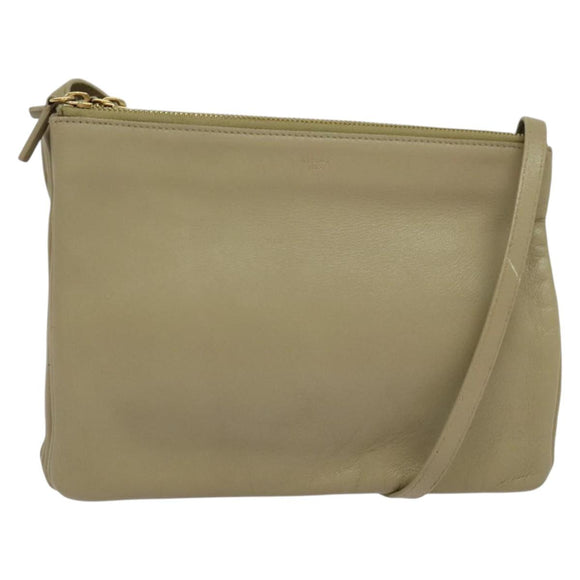 CELINE Trio Shoulder Bag Leather Beige Gold Auth BA5505