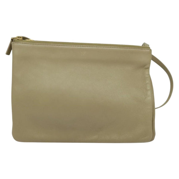 CELINE Trio Shoulder Bag Leather Beige Gold Auth BA5505