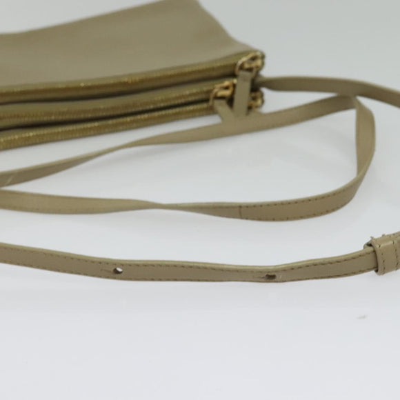 CELINE Trio Shoulder Bag Leather Beige Gold Auth BA5505