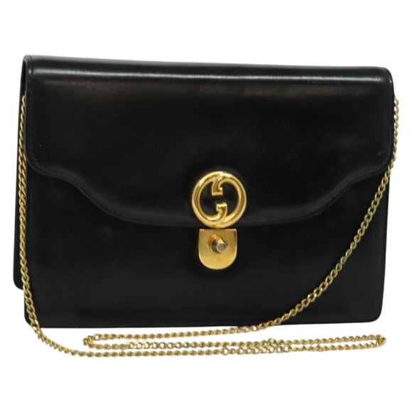 GUCCI Chain Shoulder Bag Leather Vintage Black Gold Auth BA5518