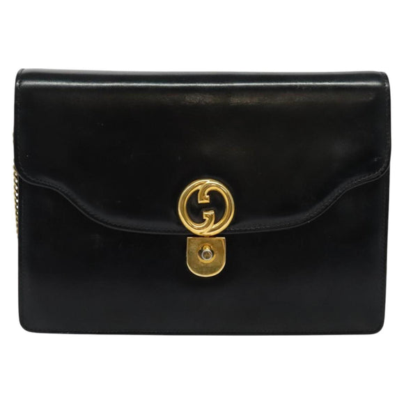 GUCCI Chain Shoulder Bag Leather Vintage Black Gold Auth BA5518