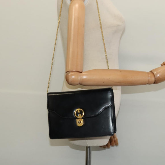 GUCCI Chain Shoulder Bag Leather Vintage Black Gold Auth BA5518