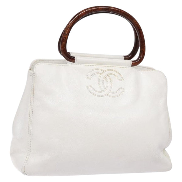 CHANEL COCO Mark Hand Bag Caviar Skin White Gold CC Auth BA5529