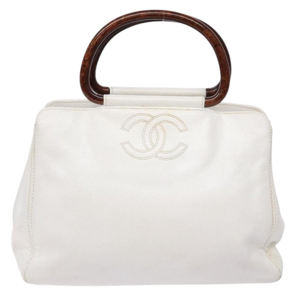 CHANEL COCO Mark Hand Bag Caviar Skin White Gold CC Auth BA5529