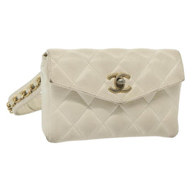 CHANEL Matelasse Chain Waist bag Lamb Skin White Gold CC Auth BA5530