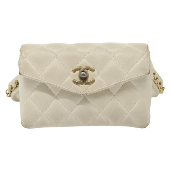 CHANEL Matelasse Chain Waist bag Lamb Skin White Gold CC Auth BA5530