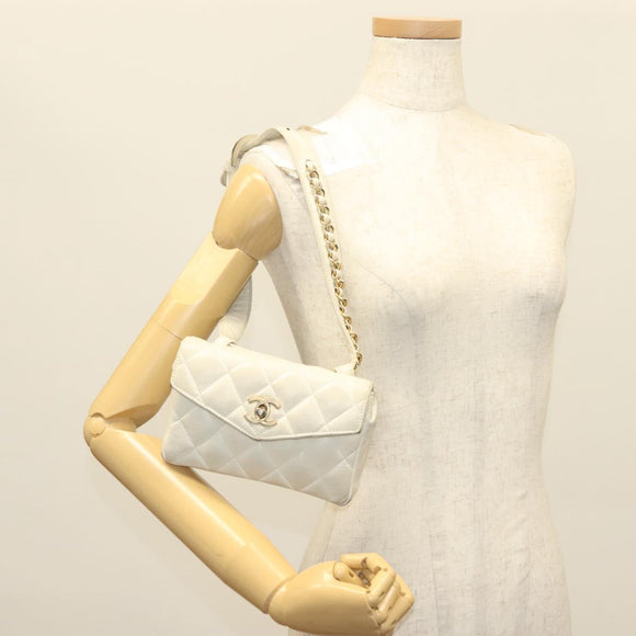 CHANEL Matelasse Chain Waist bag Lamb Skin White Gold CC Auth BA5530