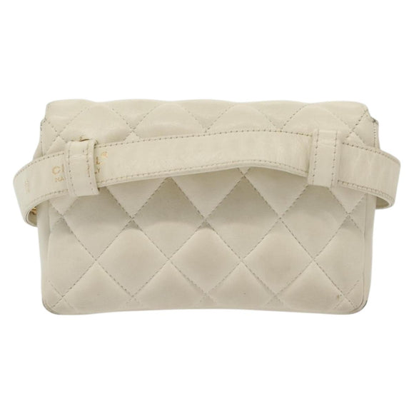 CHANEL Matelasse Chain Waist bag Lamb Skin White Gold CC Auth BA5530
