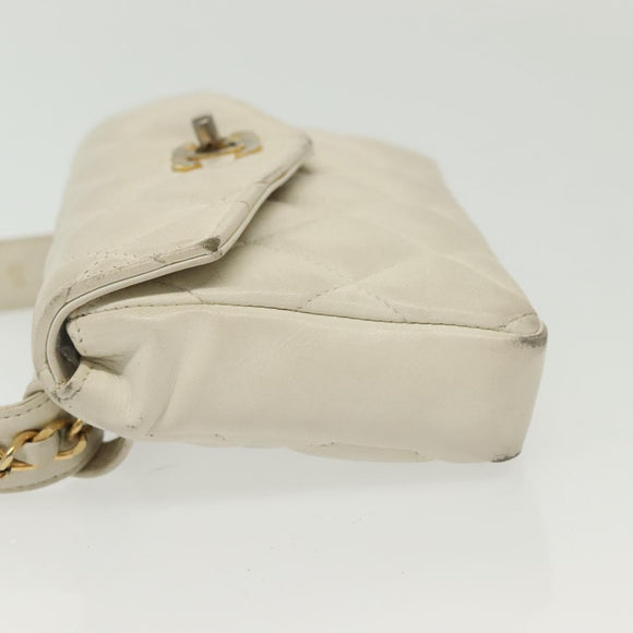 CHANEL Matelasse Chain Waist bag Lamb Skin White Gold CC Auth BA5530
