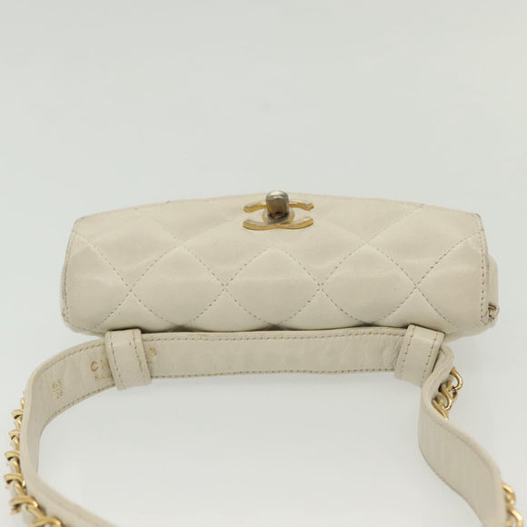 CHANEL Matelasse Chain Waist bag Lamb Skin White Gold CC Auth BA5530