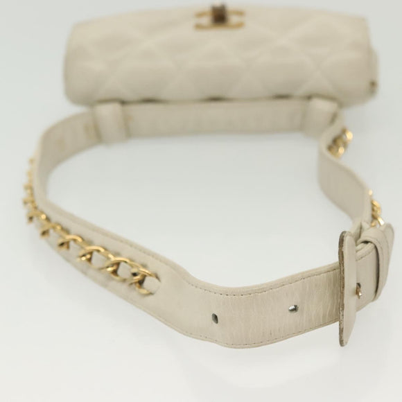 CHANEL Matelasse Chain Waist bag Lamb Skin White Gold CC Auth BA5530