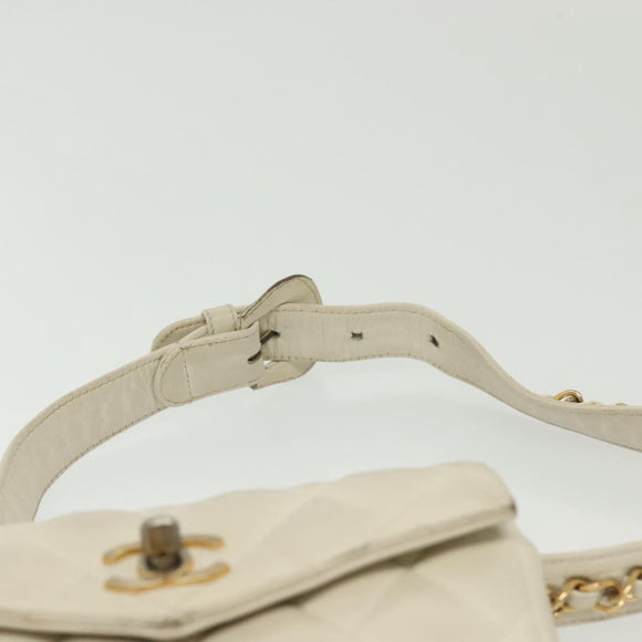 CHANEL Matelasse Chain Waist bag Lamb Skin White Gold CC Auth BA5530