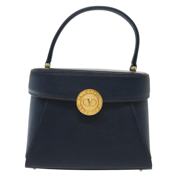 VALENTINO Hand Bag Leather Navy Gold Auth BA5531