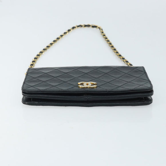 CHANEL Matelasse Chain Shoulder Bag Lamb Skin Black Gold CC Auth BA5545