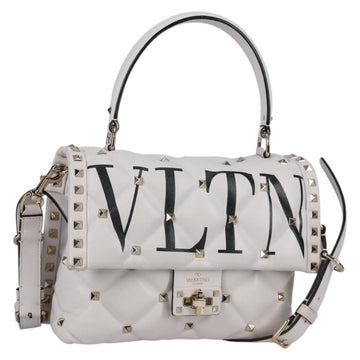 VALENTINO Candy Studs Hand Bag Leather 2way White Gold Auth BA5556