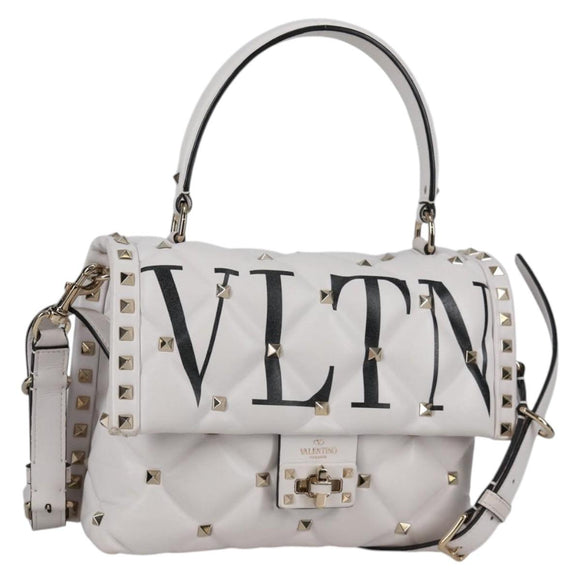 VALENTINO Candy Studs Hand Bag Leather 2way White Gold Auth BA5556