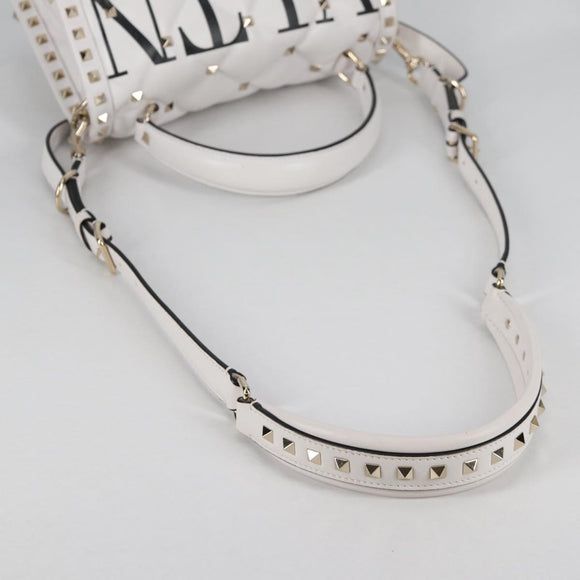 VALENTINO Candy Studs Hand Bag Leather 2way White Gold Auth BA5556