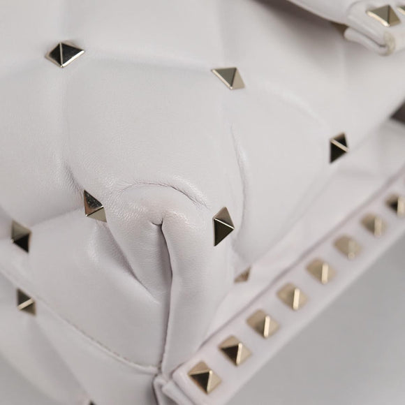 VALENTINO Candy Studs Hand Bag Leather 2way White Gold Auth BA5556