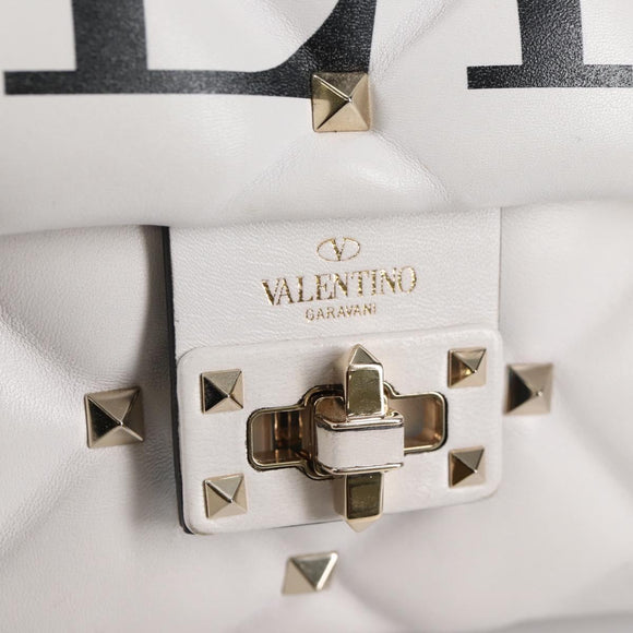 VALENTINO Candy Studs Hand Bag Leather 2way White Gold Auth BA5556