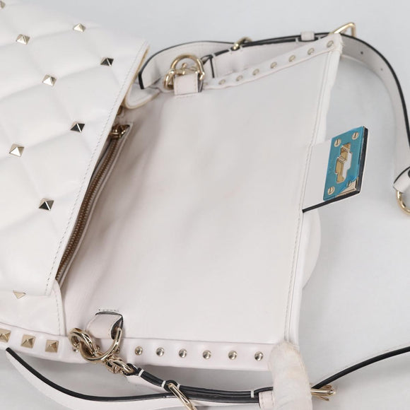 VALENTINO Candy Studs Hand Bag Leather 2way White Gold Auth BA5556