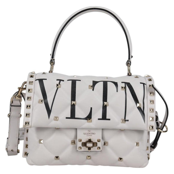 VALENTINO Candy Studs Hand Bag Leather 2way White Gold Auth BA5556