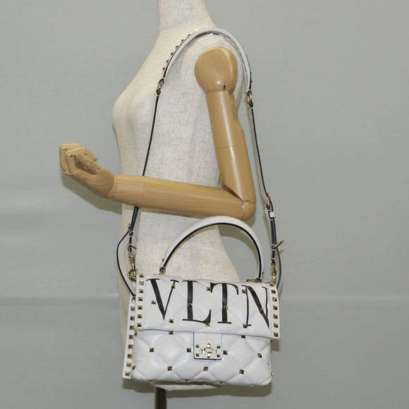 VALENTINO Candy Studs Hand Bag Leather 2way White Gold Auth BA5556