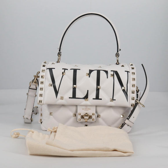 VALENTINO Candy Studs Hand Bag Leather 2way White Gold Auth BA5556