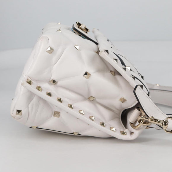 VALENTINO Candy Studs Hand Bag Leather 2way White Gold Auth BA5556