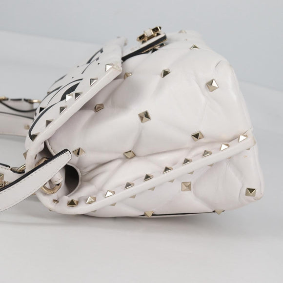 VALENTINO Candy Studs Hand Bag Leather 2way White Gold Auth BA5556