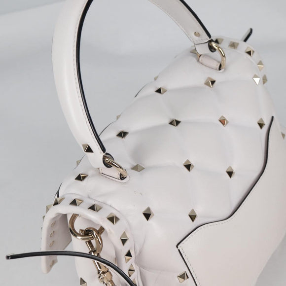 VALENTINO Candy Studs Hand Bag Leather 2way White Gold Auth BA5556