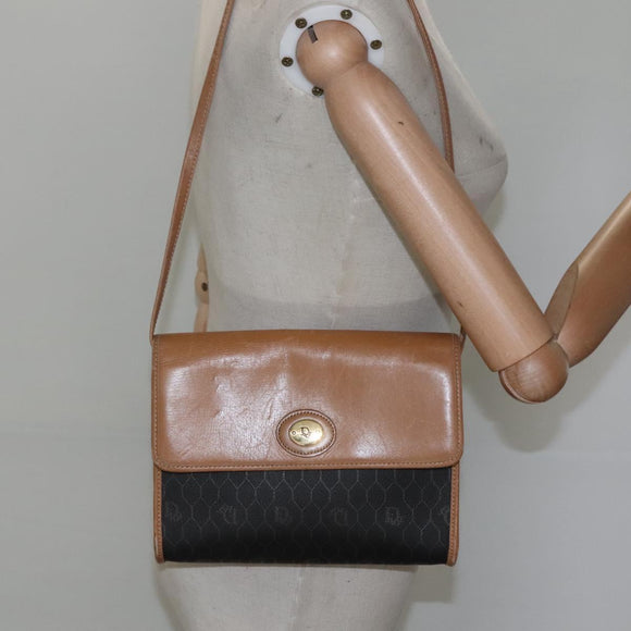 Christian Dior Honeycomb Canvas Shoulder Bag PVC Black Gold Auth BA558
