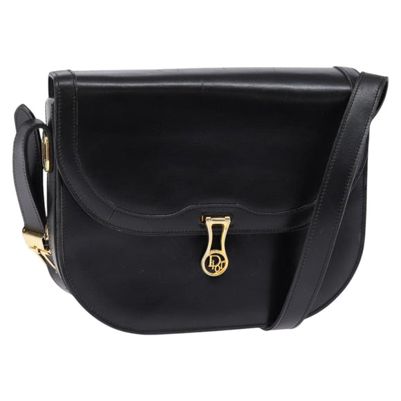 Christian Dior Shoulder Bag Leather Black Gold Auth BA5604