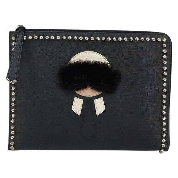 FENDI Karl Lagerfeld Clutch Bag Leather Black Silver Auth BA5613