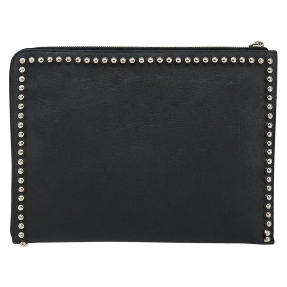 FENDI Karl Lagerfeld Clutch Bag Leather Black Silver Auth BA5613