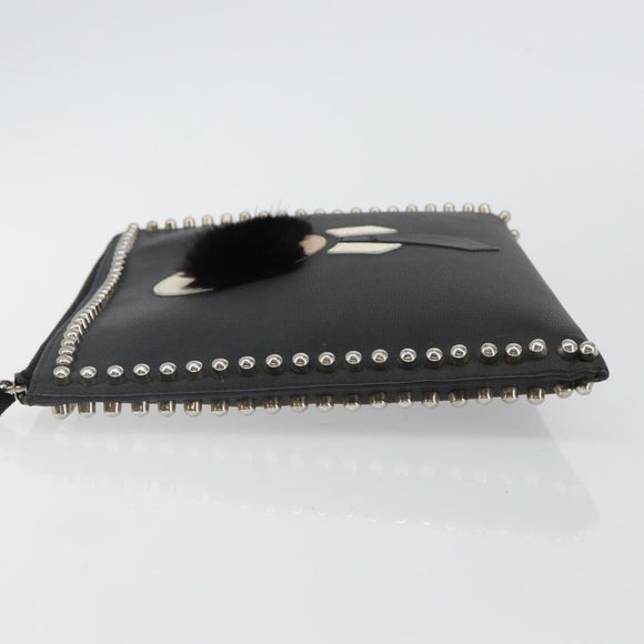 FENDI Karl Lagerfeld Clutch Bag Leather Black Silver Auth BA5613