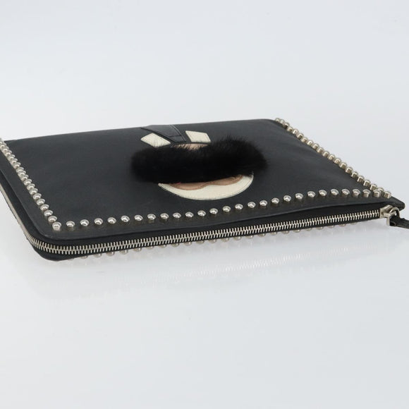 FENDI Karl Lagerfeld Clutch Bag Leather Black Silver Auth BA5613