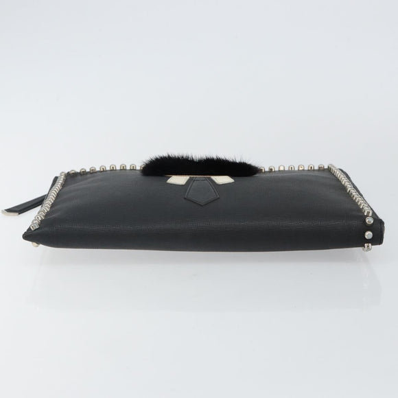FENDI Karl Lagerfeld Clutch Bag Leather Black Silver Auth BA5613