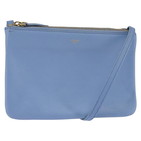 CELINE Trio Shoulder Bag Leather Light Blue Gold Auth BA5615