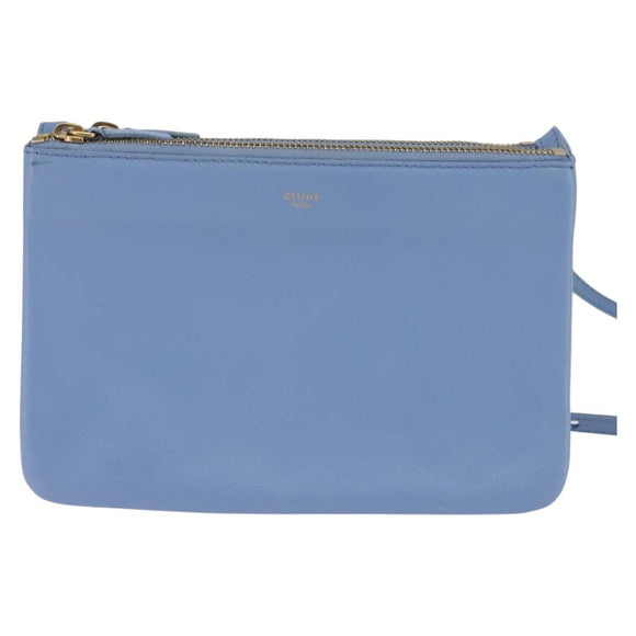 CELINE Trio Shoulder Bag Leather Light Blue Gold Auth BA5615