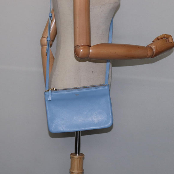 CELINE Trio Shoulder Bag Leather Light Blue Gold Auth BA5615