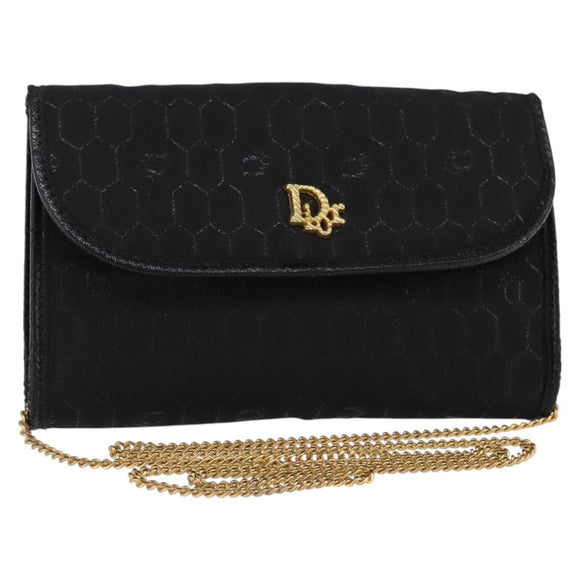 Christian Dior Honeycomb Canvas Chain Shoulder Bag Black Gold Auth BA5626