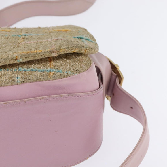 CHANEL 2.55 Shoulder Bag Tweed Beige Gold CC Auth BA5633