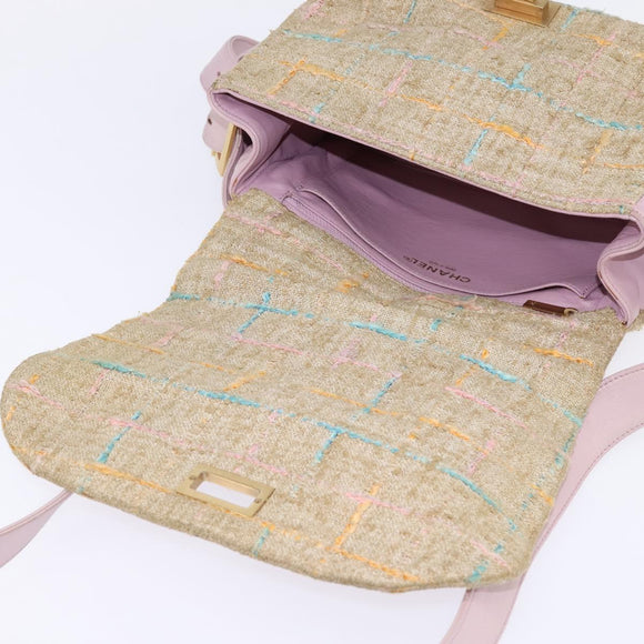 CHANEL 2.55 Shoulder Bag Tweed Beige Gold CC Auth BA5633