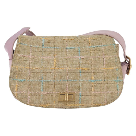 CHANEL 2.55 Shoulder Bag Tweed Beige Gold CC Auth BA5633