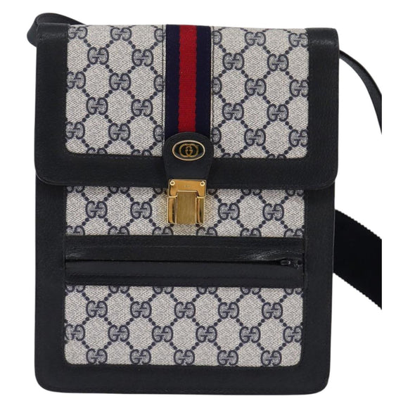 GUCCI GG Supreme Sherry Line Shoulder Bag PVC Navy Gold Red Auth BA5636