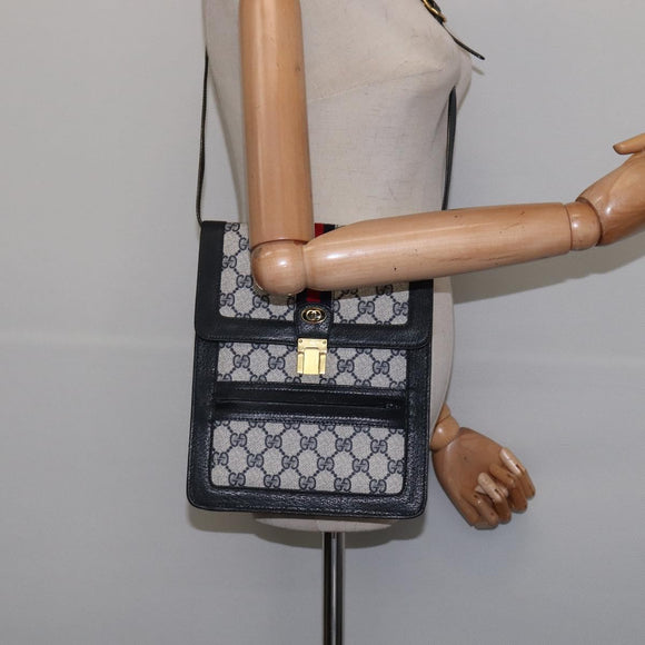 GUCCI GG Supreme Sherry Line Shoulder Bag PVC Navy Gold Red Auth BA5636