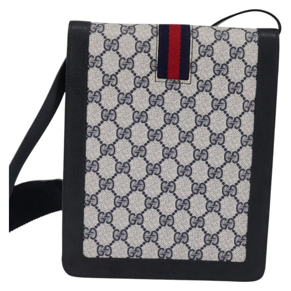 GUCCI GG Supreme Sherry Line Shoulder Bag PVC Navy Gold Red Auth BA5636