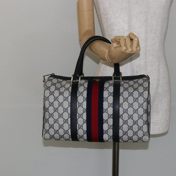 GUCCI GG Supreme Sherry Line Boston Bag PVC Navy Gold Red 40 3842 Auth BA5638